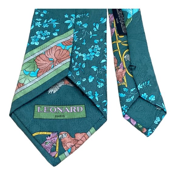 LEONARD Green Birds & Flowers Print Silk Tie Italy 57"-3.7" EC - Picture 4 of 6